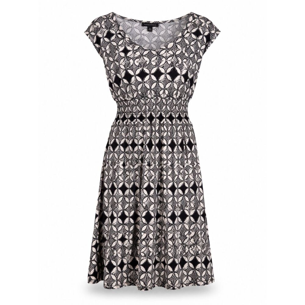 Banana Republic XS Black White Geometric Print Dress Smocked Waist Stretch